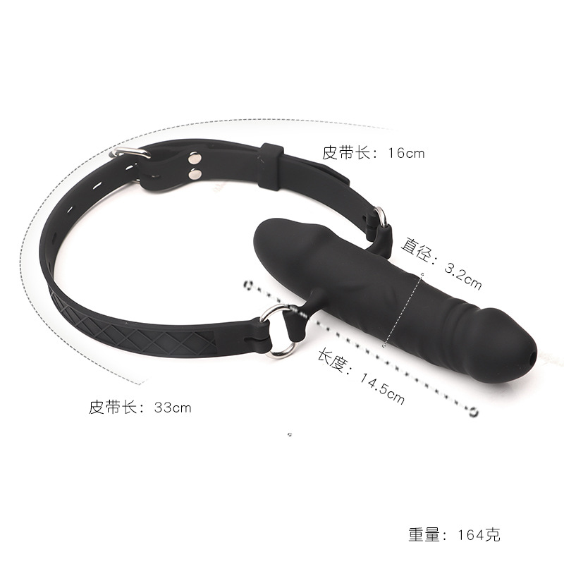 Silicone Dual-Purpose Mouth Gag with Hollow Dildo, Black Adult Bondage Training Toy — detail image 1