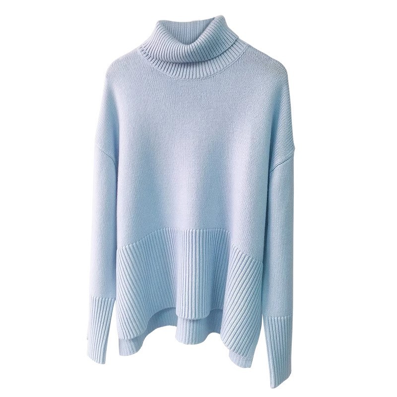 TT裾オープンフォークタートルネックカシミヤセーターレディースゆるい長袖前ショートバックロングニット上着冬新作