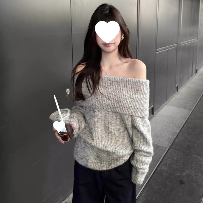 灰色露肩韩系套头毛衣女秋冬慵懒风宽松气质小个子长袖一字肩上衣|undefined