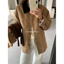 黄峥复古撞色灯芯绒加厚夹棉外套女冬季宽松中长款夹克上衣541106