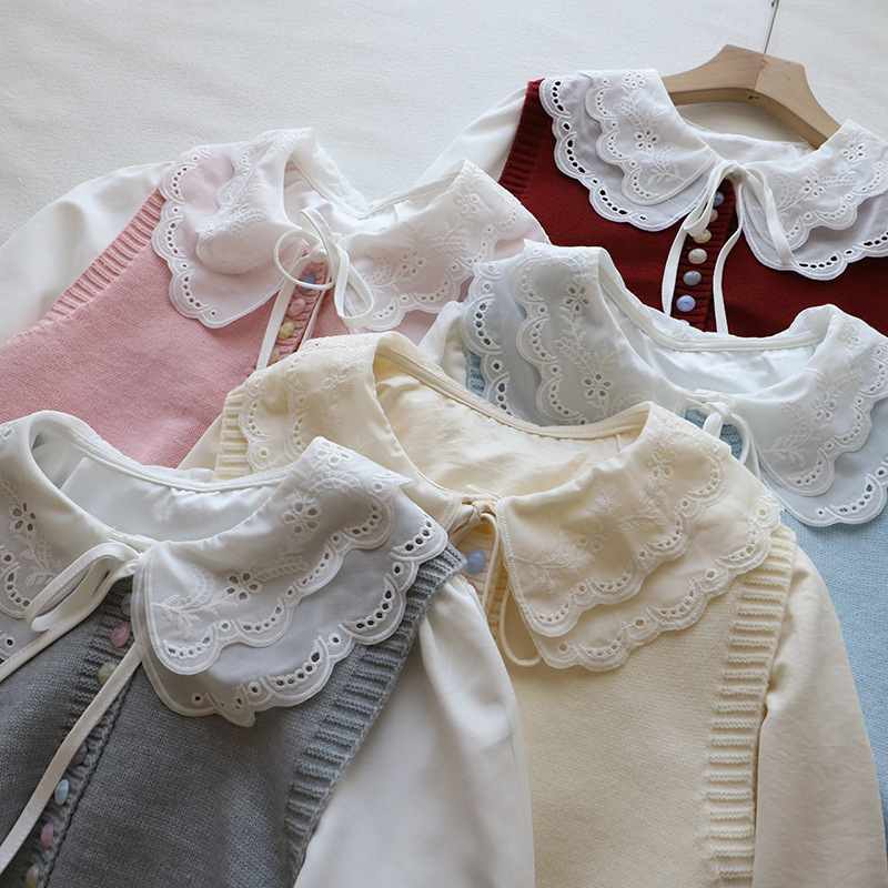 爆款[比正2025早春新款 韩版女装娃娃领衬衫+针织马甲两件套3344