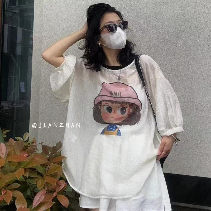 150kg Extra Large Size Summer Casual Korean Style Loose-Fitting Lazy Style Puff Sleeve Short-Sleeve Top for Little Girls