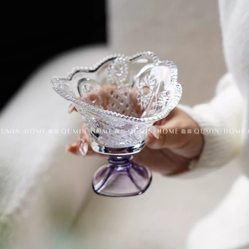 顺皿ins风轻奢高脚杯家用浮雕雪糕杯玻璃酸奶杯高档甜品杯奶昔杯|undefined