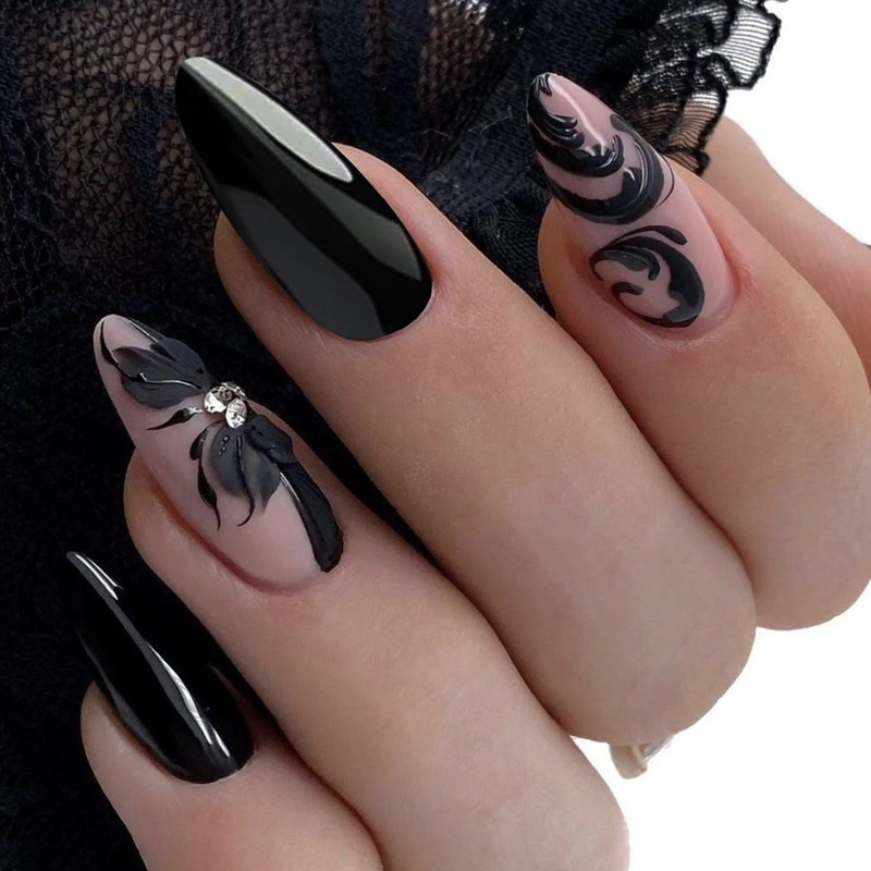 Dressed Armor Black Almond-shaped Irregular Flowers Pile Drill False Nails Nail Art Pieces False nails