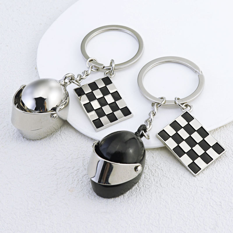 Creative locomotive helmet key chain pendant custom black and white checkered flag helmet couple key chain locomotive small gift