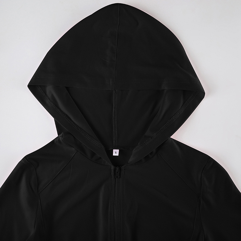 Solid Color Sports Fitness Running Top Yoga Slim Fit Fall Winter Outer Wear Hooded Zipper T shirt for Women