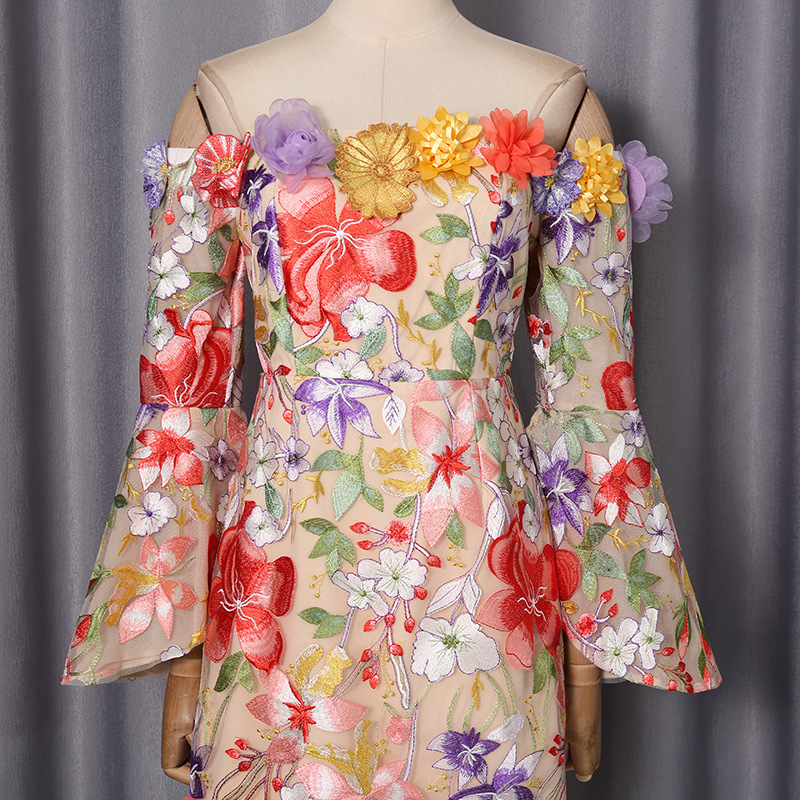 Three Dimensional Floral Cluster Embroidered Bell Sleeve Retro Dress off Neck Dress 21 Three Dimensional Floral Cluster Embroidered Bell Sleeve Retro Dress Off Neck Dress