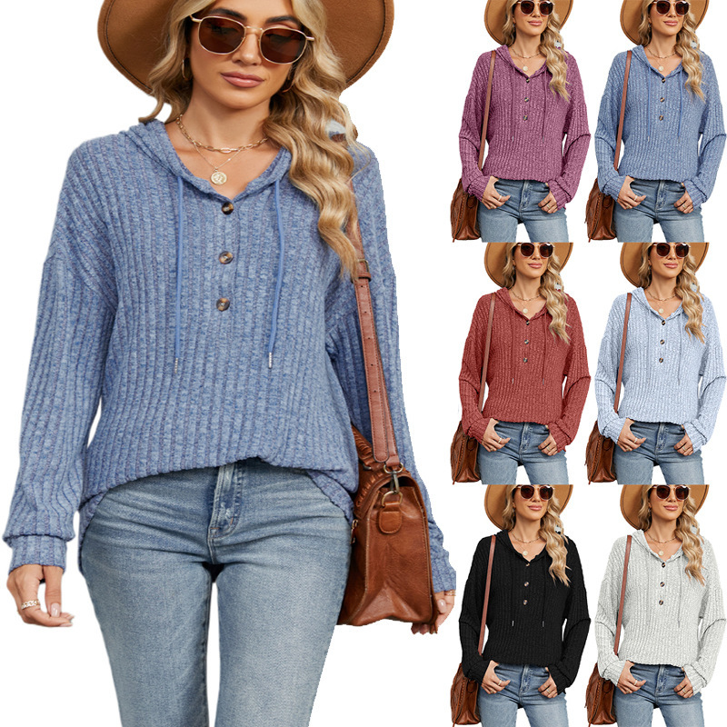 Amazon 2024 Europe and the United States cross-border foreign trade sweater autumn and winter new solid color hooded button loose long sleeve top