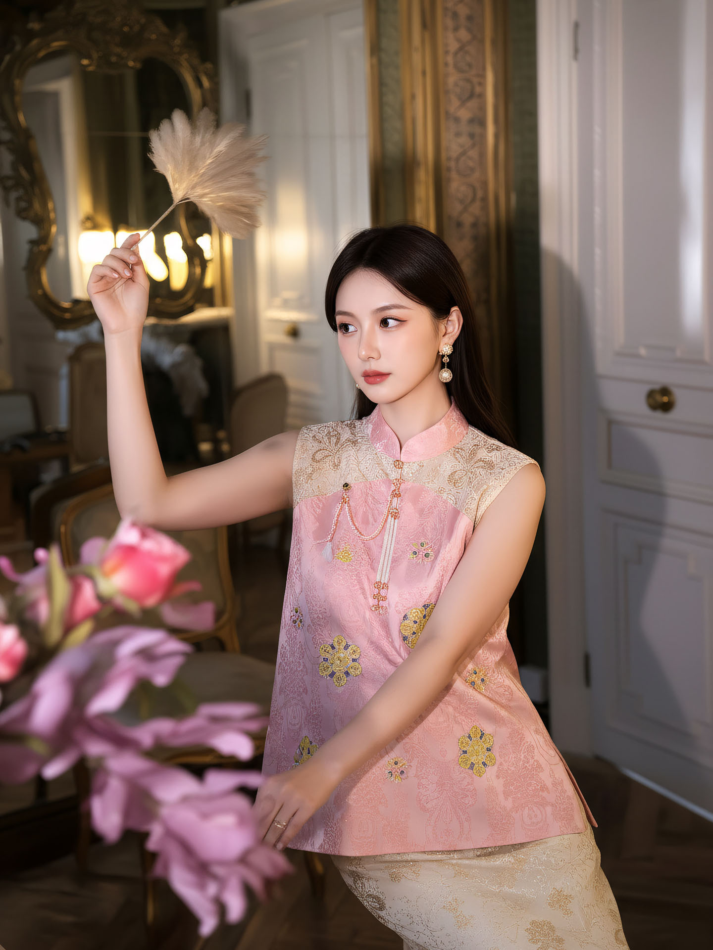 Bộ đầm vest không tay cổ đứng thêu hoa kết hợp chân váy ren phong cách Tân Trung Hoa — bộ đồ, nửa váy, Trang chủ