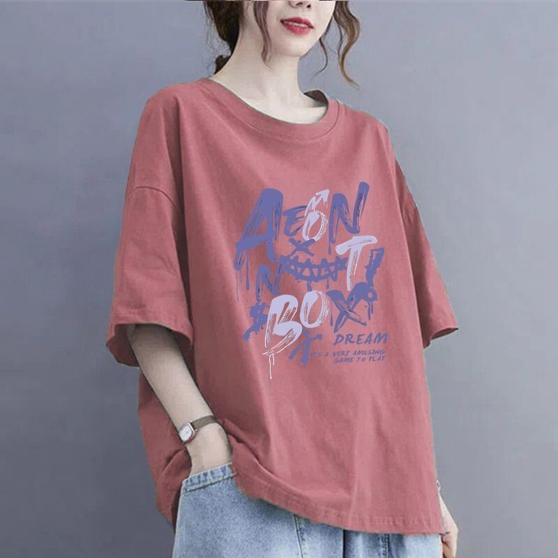 100kg 夏大きいサイズの純綿 Tシャツ半袖ルーズお腹カバーシャツアウターウェア痩身カバーフlesh ラウンドネックトップ女性用|undefined