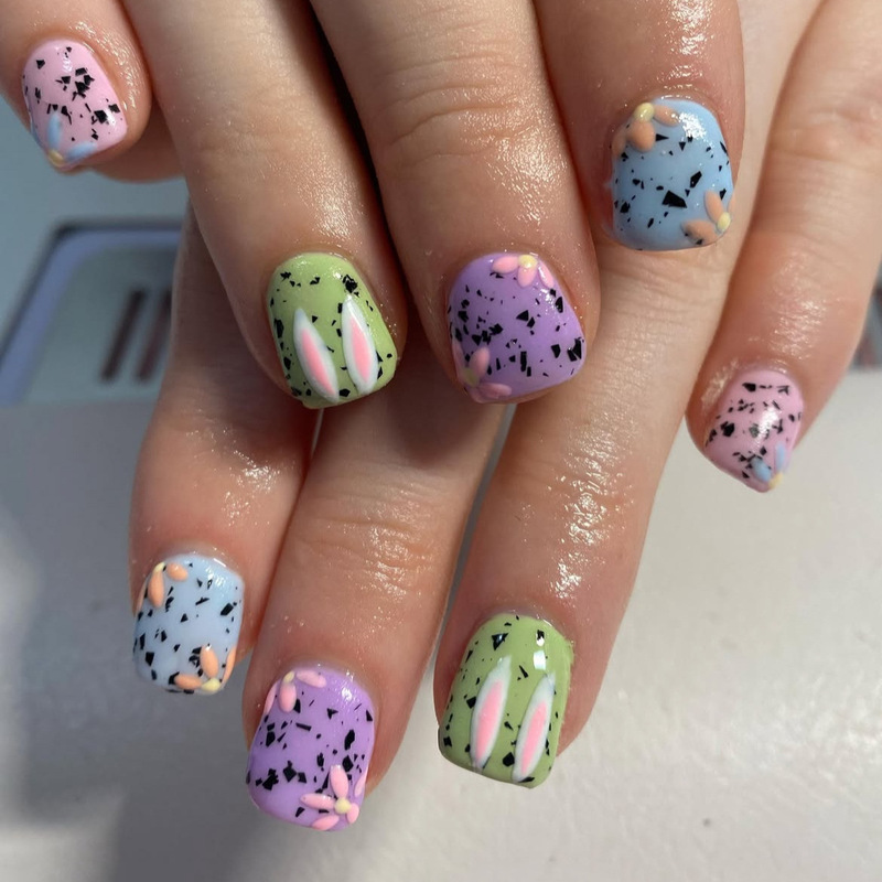 Colorful Floral Press-On Nails Easter Short Square Nail Tips Eggshell Black Dot Rabbit Press-On Nail Pieces Nail Art Tips Colorful Floral Press-On Nails Easter Short Square Nail Tips Eggshell Black Dot Rabbit Press-On Nail Pieces Nail Art Tips