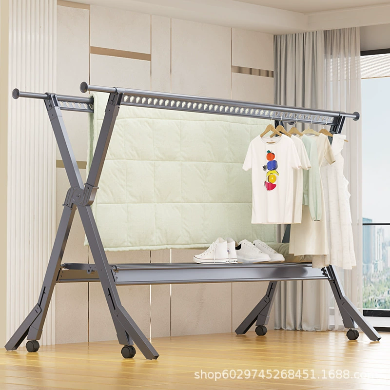 Двухполюсная напольная складная сушилка для одежды из алюминиевого сплава, стойка для сушки одежды в помещении, бытовая телескопическая сушилка для балкона, вешалка для одежды