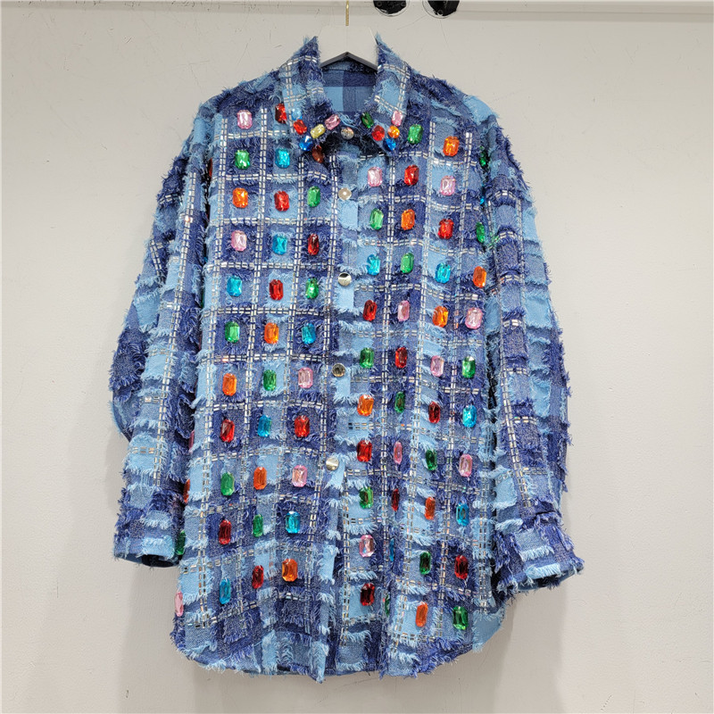 European Collection 2024 Spring New Style Elegant Women's Shirt With Heavy Beaded Rhinestone Embellishments And Plaid_ecoleips.com