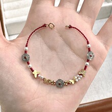 「酒红色」小花花蝴蝶编织手绳简约显白珍珠春夏手链个性百搭手饰