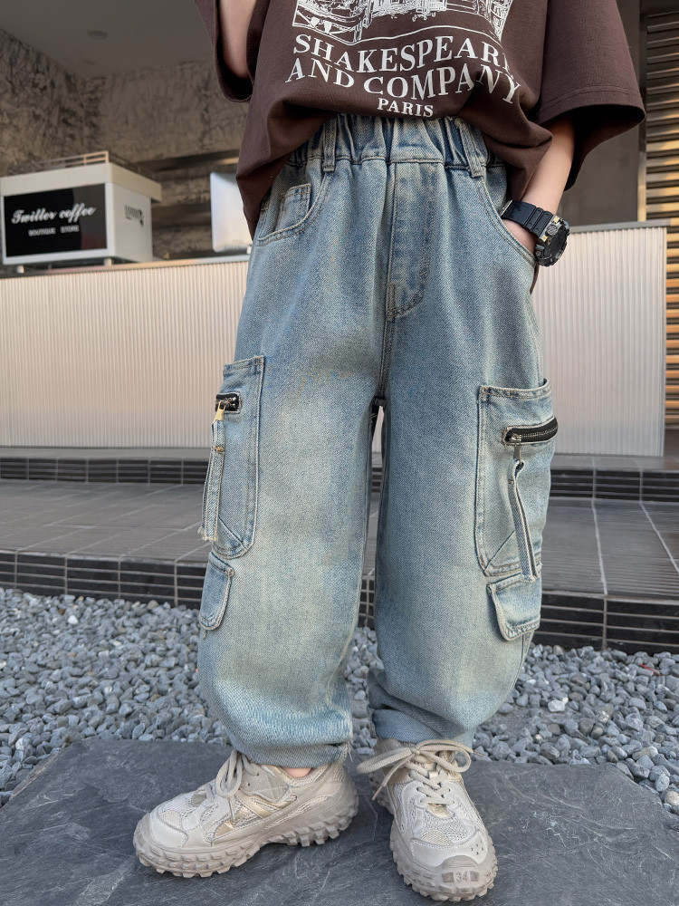 A502 Boys Denim Pocket Zipper Workwear Wide Leg Pants New Children's Miscellaneous European And American Jeans_voghion.com
