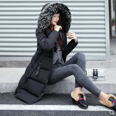European and American Women's Winter Thickened Large Wool Collar Mid-length Down Cotton-padded Jacket Slim-fit plus size Cotton-padded Jacket