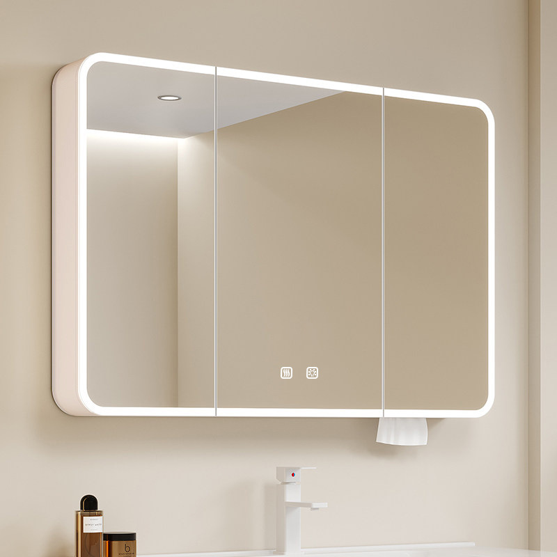 Cream-Colored Carbon Fiber Moisture-Proof Bathroom Smart Mirror Cabinet with Separate Washbasin Mirror, Beauty Storage, and Anti-Fog Feature for the Bathroom