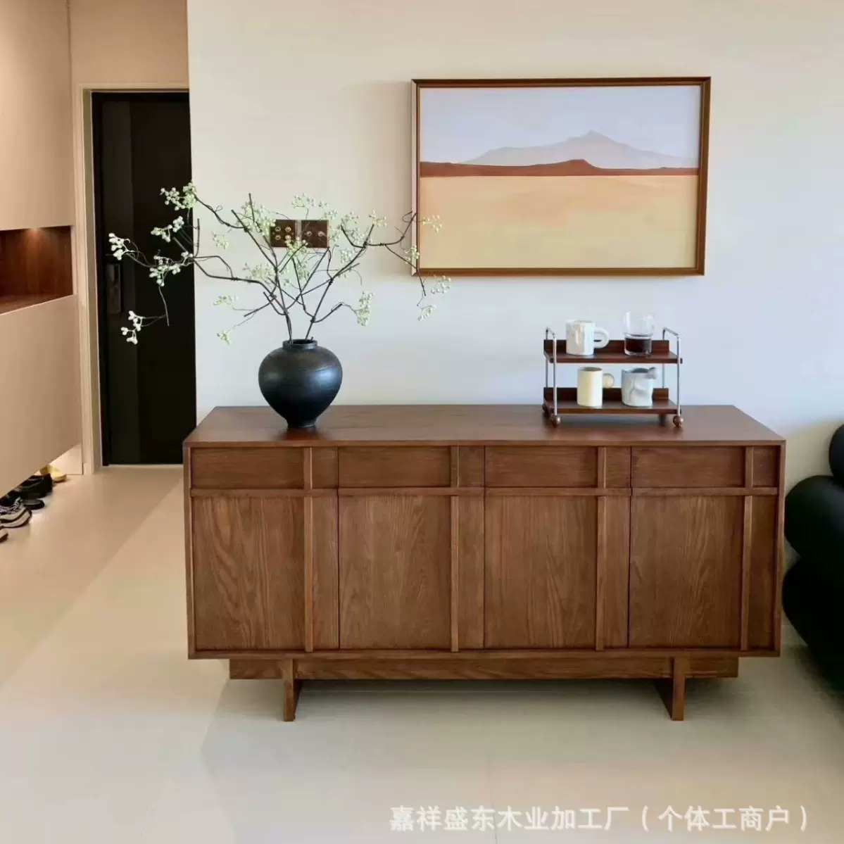 新中式餐边柜客厅储物柜中古风沙发背靠墙矮柜玄关长条柜实木柜子