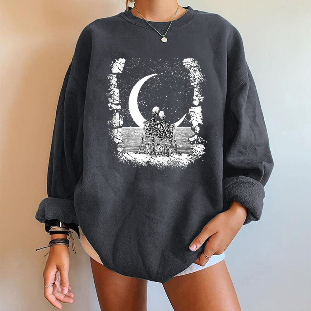 Pull à manches longues et col rond pour femme, haut décontracté, imprimé tête de mort, épaules brossées, unisexe, Halloween_voghion.com