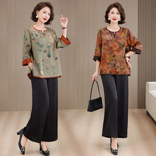 Middle-Aged and Elderly Mothers Summer Suit 2025 New Three-Quarter Sleeve Top Fashionable Large Size Casual Women's Clothing