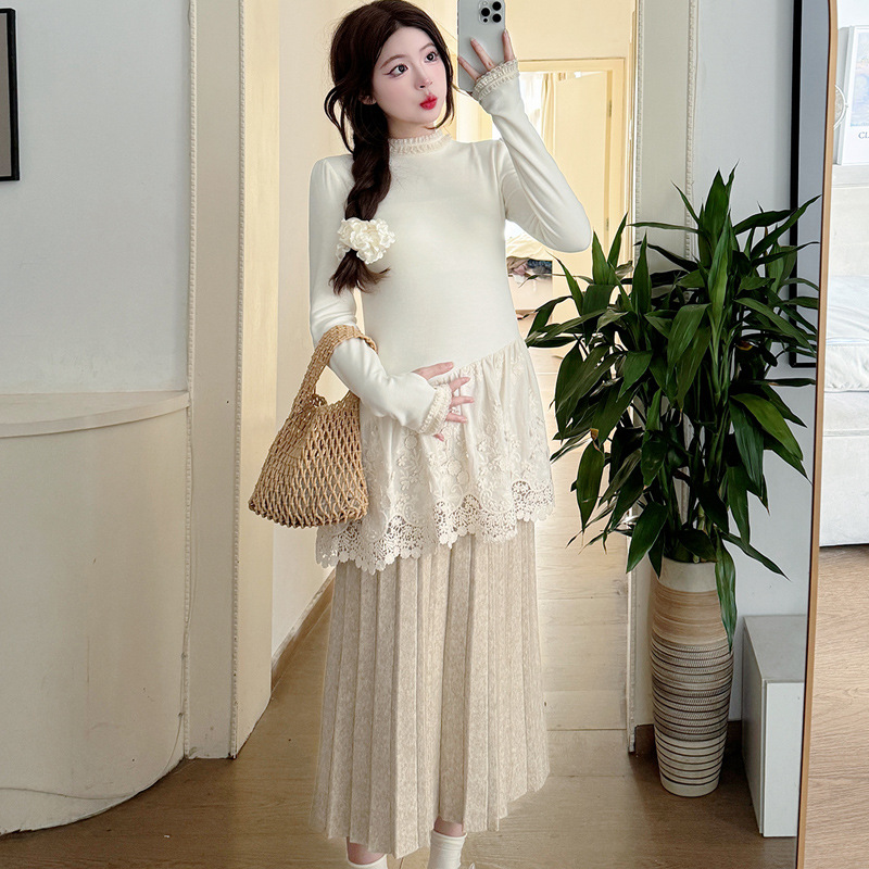 実写スポット妊婦セーター立体花のユニークな長袖レースのボトムシャツは妊婦の半身のスカートを調節できます。