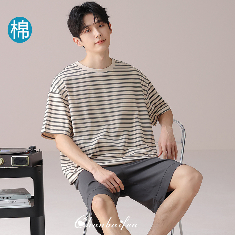 Men's Pajamas Summer Cotton Thin Round Neck Short Sleeve Youth Casual Simple Striped Shorts Home Clothes suit