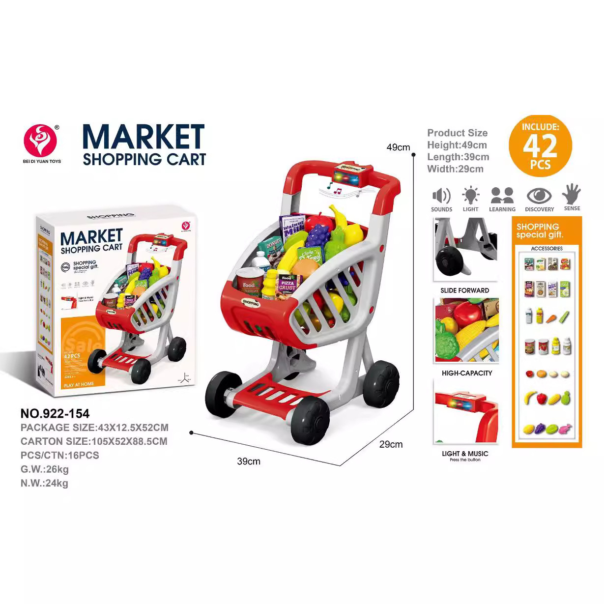 Simulación infantil transfronteriza iluminación de la casa, música, carrito de compras, juegos de supermercado de frutas, carrito de juguetes
