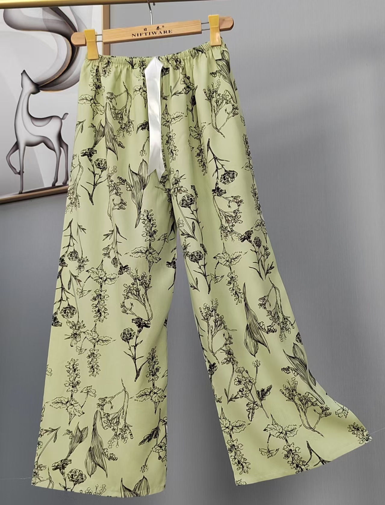 Pijama de seda de algodón para mujer, pantalones anchos de mujer embarazada de seda de algodón con estampado fino de verano