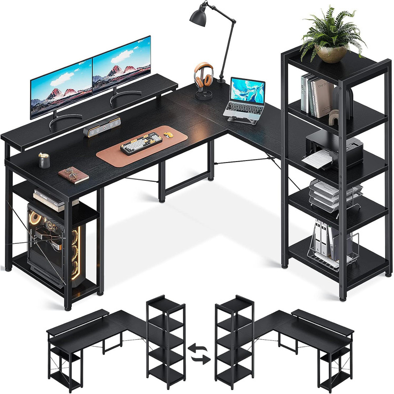 Factory Direct Sales Home Office Gaming Table Side with Storage Rack Storage Space L-Shaped Computer Table with Headphone Hook