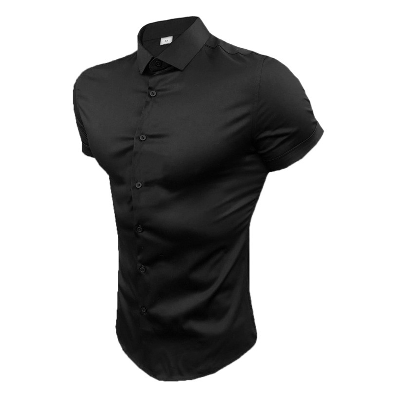Camisa de solapa de manga corta para hombres europeos y americanos micro elástico Delgado color sólido fitness deportes ocio negocios sin planchar cardigan