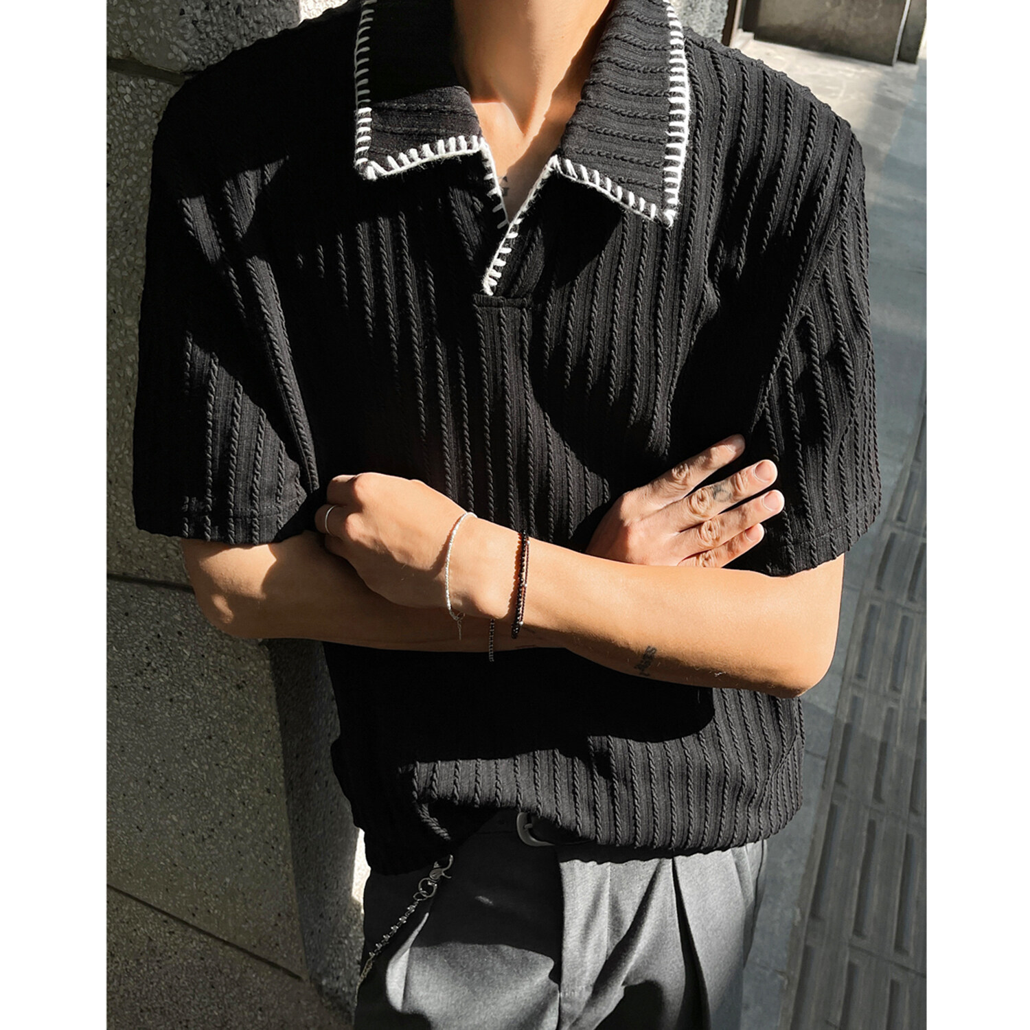 2025 Summer New Old Qian Feng Shell Embroidered Wheat Ear Jacquard Polo Shirt Lapel Short-sleeved T-shirt Men