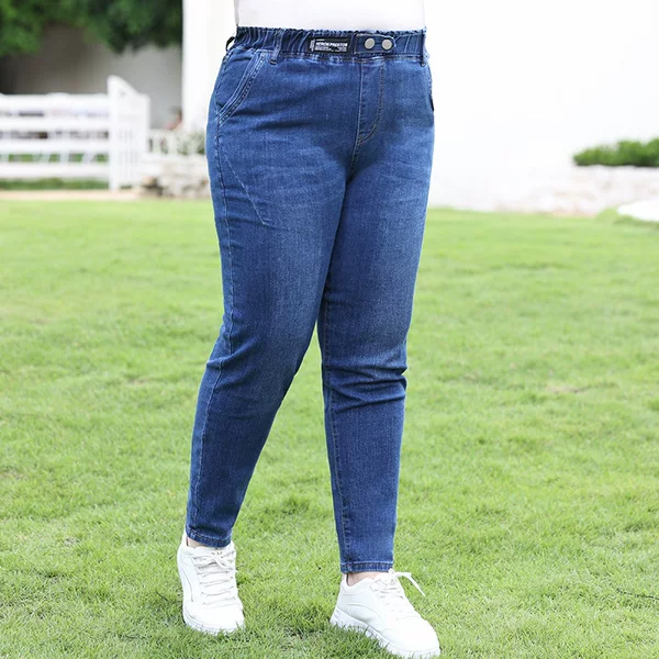 Plus size stretch jeans women's loose chubby girl slimming daddy pants wide leg thick harem skinny pants