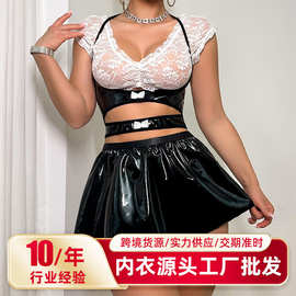 情趣蕾丝上衣皮质裙子半透视性感睡裙套装制服角色扮演女仆装绑带