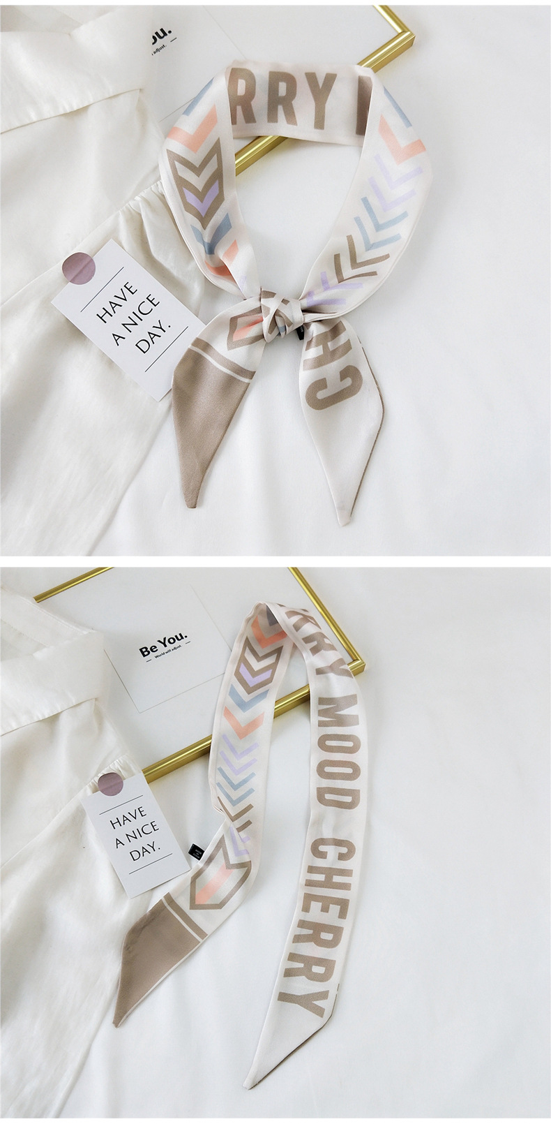 30g Weight Silk Scarf Classification Travel Occasion Unisex Gender Sweet Style Khaki, Grey, Pink, Purple, Red, Green, Blue, Black Color Fashion Streamer Printing Bow Silk Scarf Wholesale 28