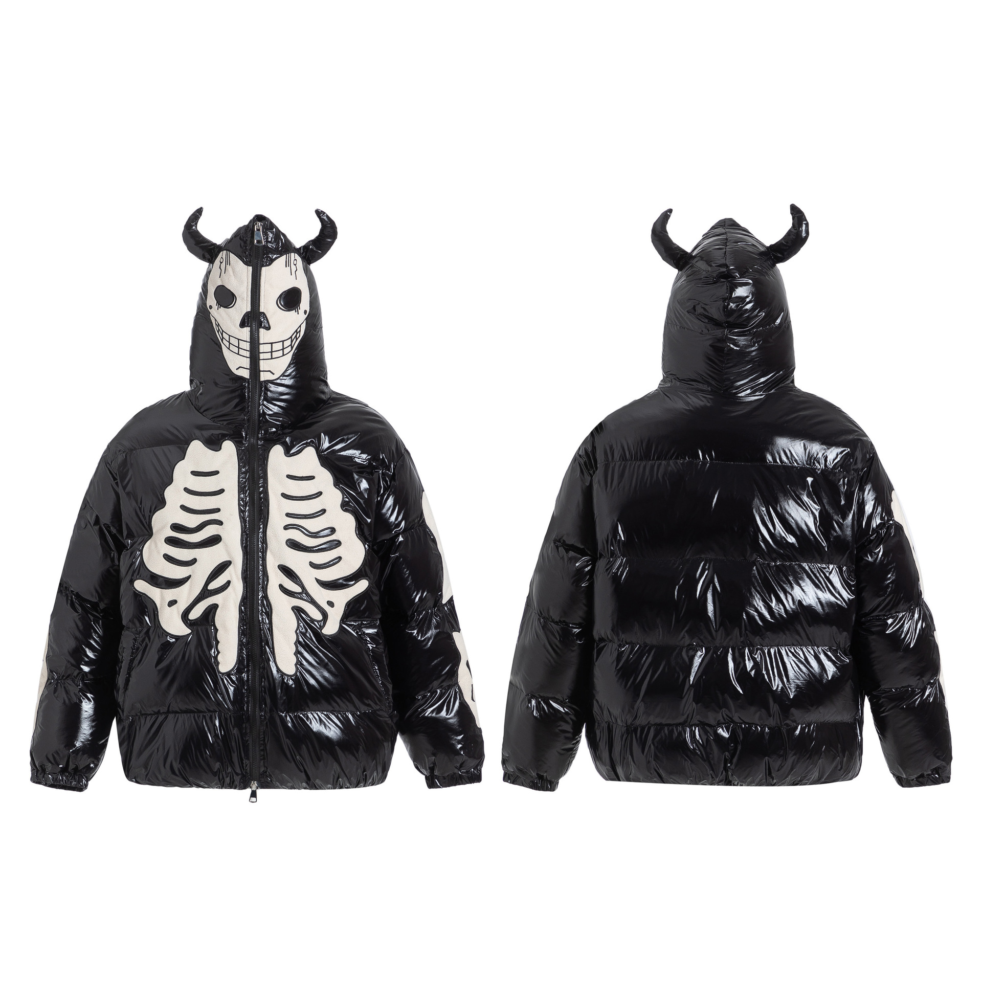 Men's Clothing Embroidery Skeleton Hooded Cotton Coat Men Hip Hop Loose Puffer Jacket_voghion.com