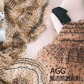 AGG复古欧绣蕾丝面料 植绒网布绣花布婚纱礼服网布绣花网纱欧美