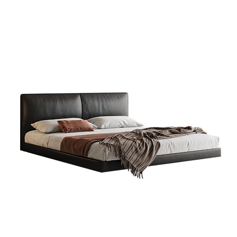Cama de suspensión minimalista italiana, cama de madera sólida, cama de cuero delgada, cama principal, cama de cama negra moderna y simple, cama de cama lateral