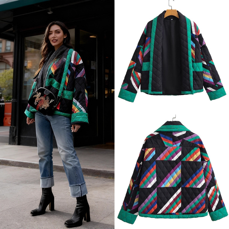 Za Export Cross-Border Spot Wholesale European and American Style Women's Winter Popular Fashion Printed Cotton Outwear Jacket for Women