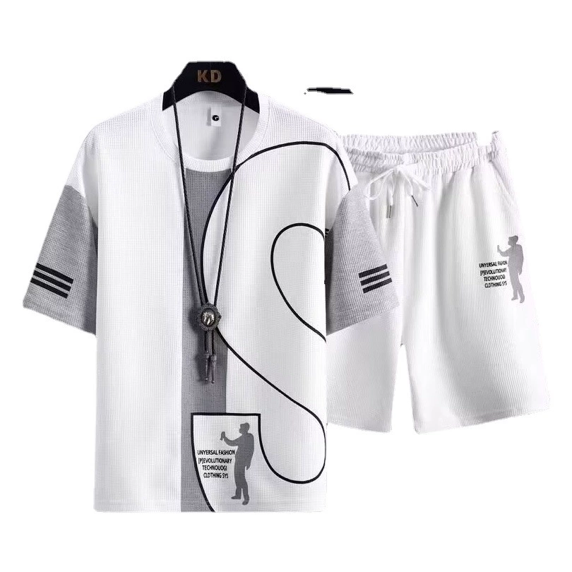 2023 Гонконгский стиль Летний спортивный костюм в Корейском стиле Свободная футболка для мальчиков Простые брюки с короткими рукавами для студентов High-end Sense