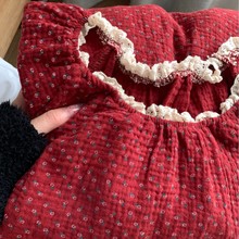 上新！全棉双层纱酒红小碎花长袖睡裙蕾丝花边可爱少女家居裙