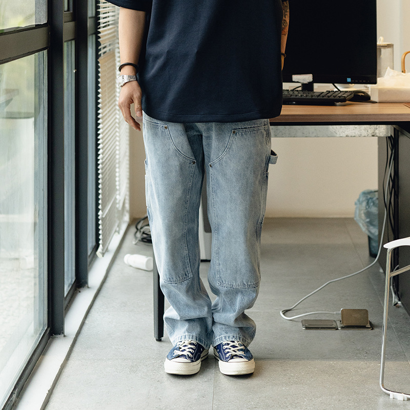 Trs Japanese Trendy Workwear | 26Ss Kaha B01 Washed Spray-Washed Double-Knee Straight-Leg Lumberjack Work Jeans for Men and Women.