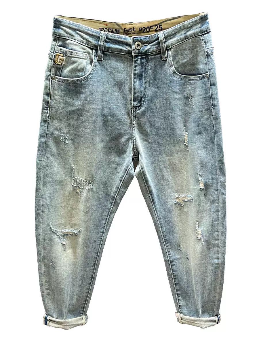Men's Trendy Ripped Cropped Jeans Light Colored Summer Thin Distressed Tapered Harem Pants New_mkmklike.com