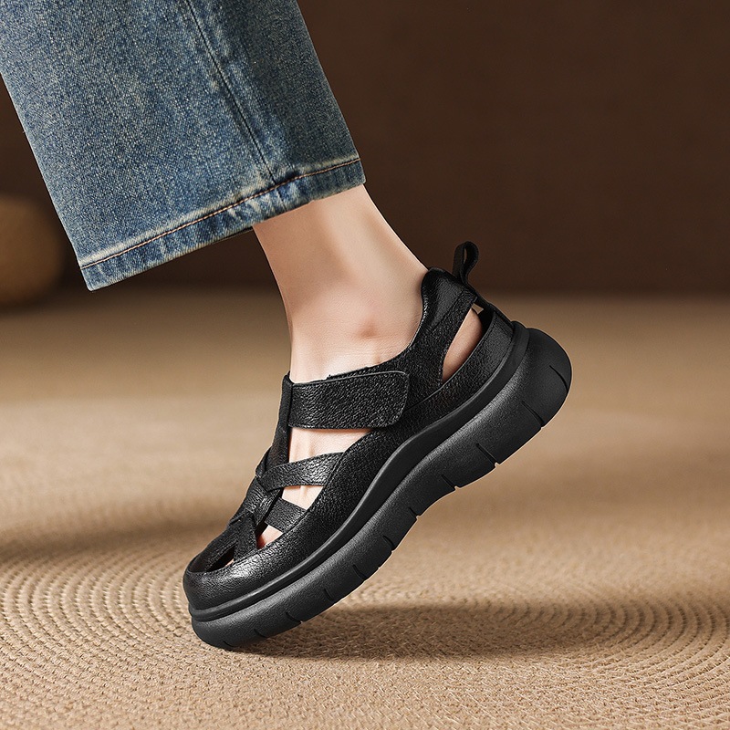 Sandal nữ đế dày da cừu phối quai ngang phong cách học đường — màu đen, màu trắng ngà chi tiết 54
