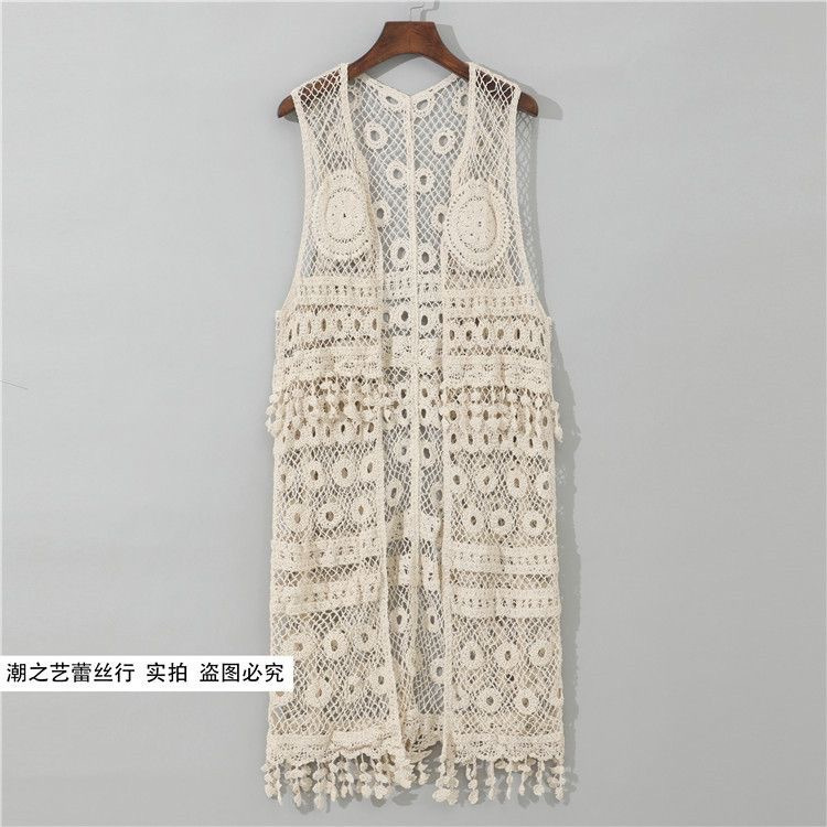 Heavy Handmade Knitted Tassel Vest Summer Women's Thin Mid-length Sleeveless Vest Waistband Crochet Hollow Cardigan