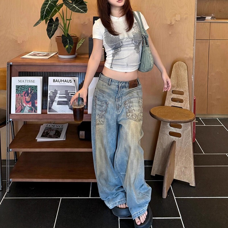 美式复古做旧脏染反转口袋牛仔裤子女夏高街辣妹设计感显瘦拖地裤|undefined