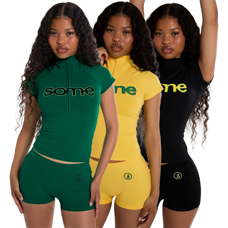 Hr26018 European and American Fashion Women's Letter-Printed Half-Zip Short-Sleeved Top and Tight Shorts Two-Piece Set for Women