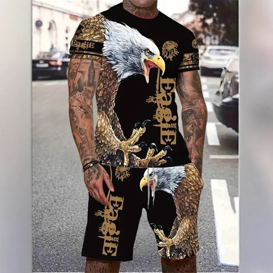 Summer Men's Artistic Printed T-Shirt Colorful Printed Round Neck Short-Sleeved Top Set New Style