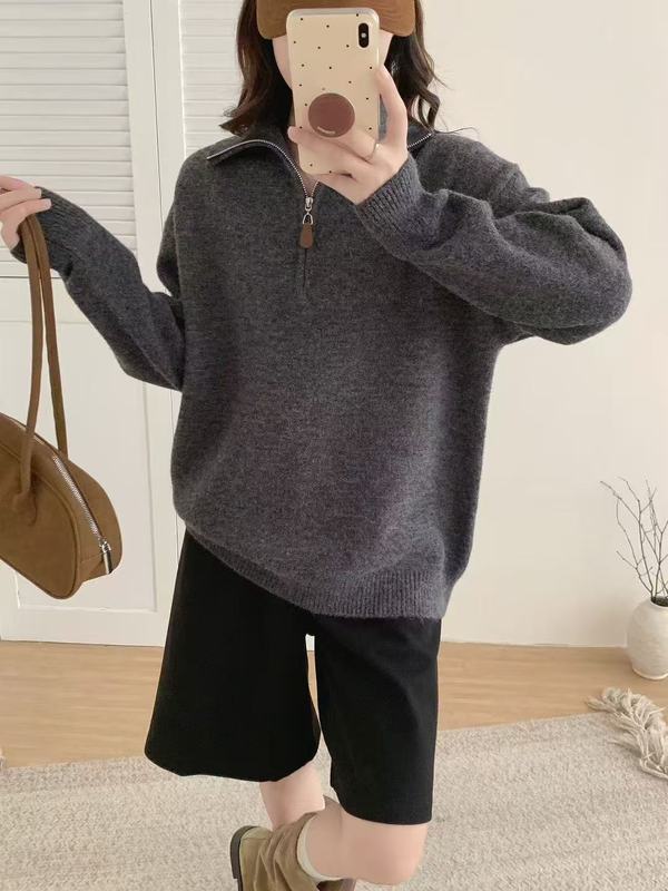 韩系半拉链翻领套头毛衣女2025秋冬季新款宽松百搭针织衫上衣|undefined