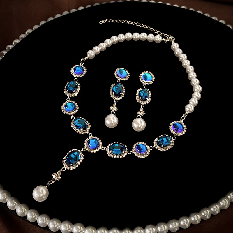 Silver Needle Set Diamond Oval Pearl Tassel Earrings Necklace Set