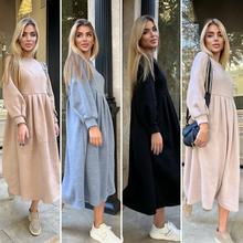 2026跨境新款速卖通春秋冬新款宽松大码针织休闲长裙加绒卫连衣裙